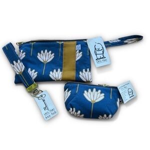 Little Man Blue White Floral Clutch Pouch Coin Purse Key Fob Set Fold Accent New